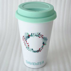 David’s Tea Christmas Holiday Wreath White Ceramic Travel Tumbler Mug with Lid